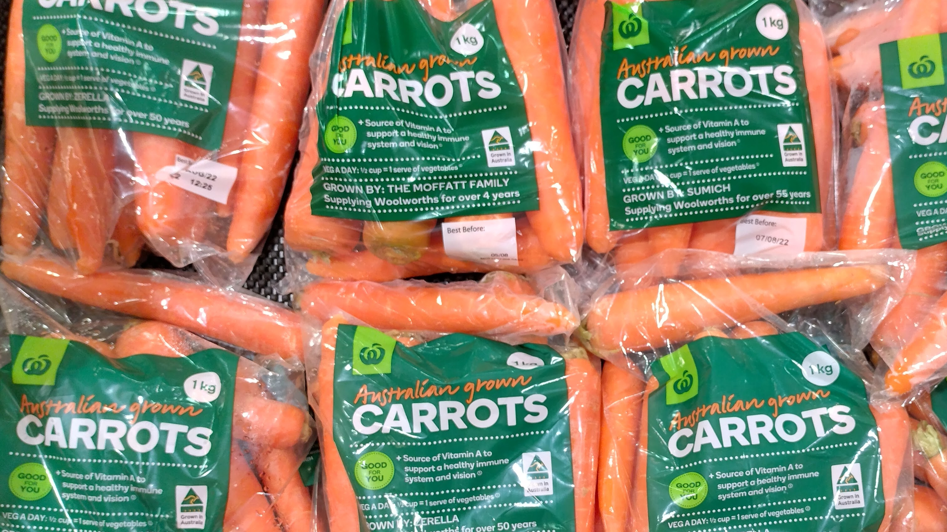 Prepacked carrots on display in a supermarket at World Square