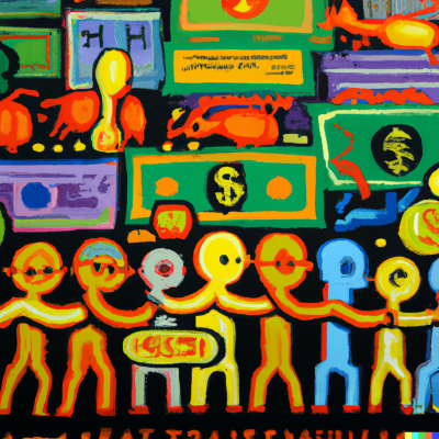 A busy, colorful series of abstract figures representing people in a chain linking arm in arm and rows of cash and abstract shapes.