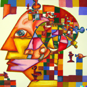 A brightly colored painting of a human head in profile, its mind populated by several discrete polygons and abstract shapes that exceed the boundaries of the mind and extend into the surrounding field.