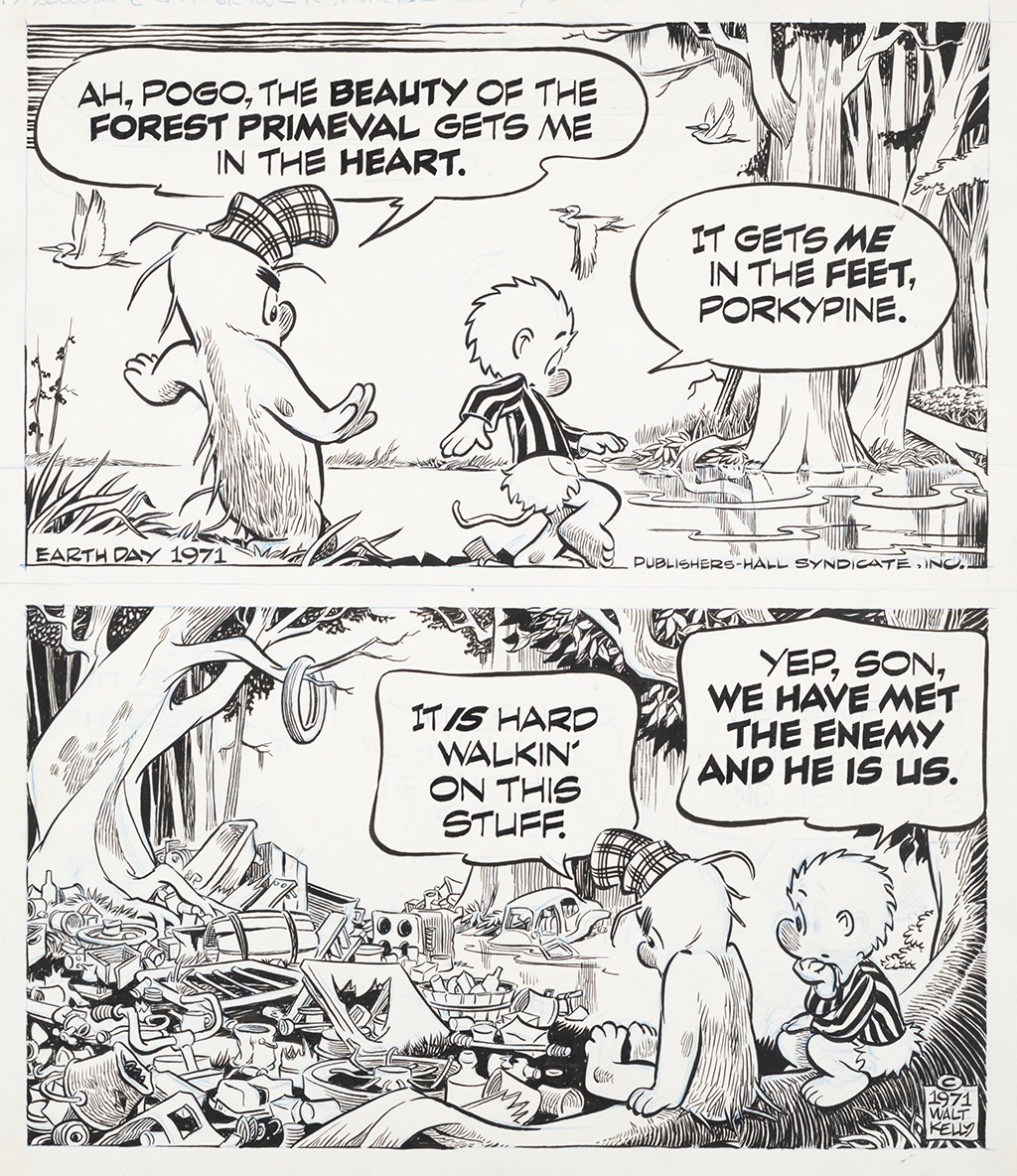 A two-panel comic strip. Pogo and Porky Pine are walking in the forest. They say it is hard walking with all the litter that people had left in the forest.